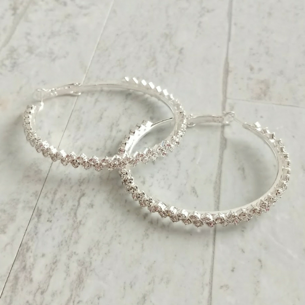 NEW CRYSTAL HOOP EARRINGS 2 INCH DIAMETER - Picture 2 of 7